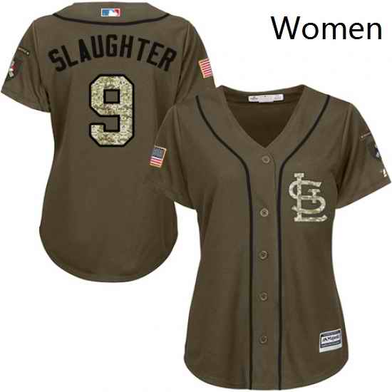 Womens Majestic St Louis Cardinals 9 Enos Slaughter Replica Green Salute to Service MLB Jersey